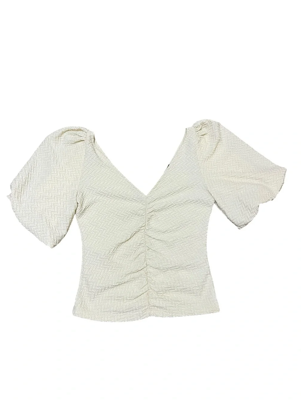 Free People Cream Textured V-Neck Puff Sleeve Top